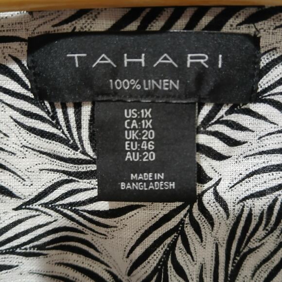 Tahari Shirt Womens 1X White Black Linen Leaf Print Button Front Tunic Top - Picture 5 of 13